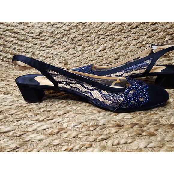 J. Renee Women’s 8.5M Faleece Lace/Satin/Sequins Slingback Heels Navy Blue - Picture 7 of 11